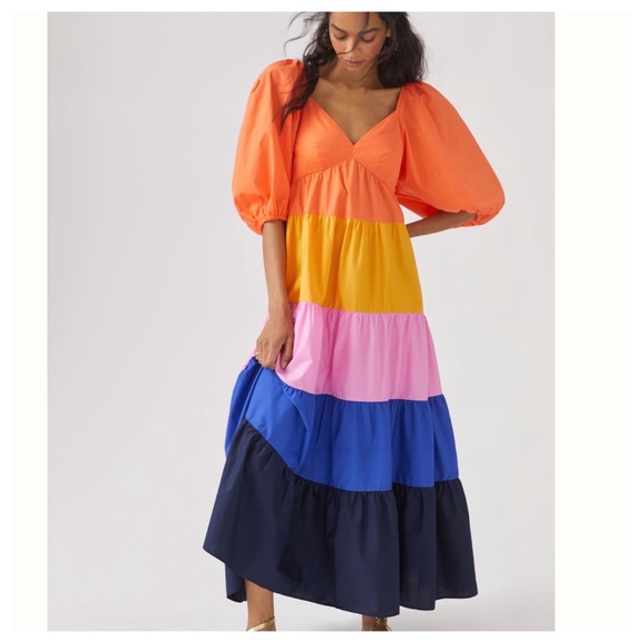 FARM RIO Tiered Colorblocked 3/4 sleeve Maxi Dress XS - Picture 6 of 17